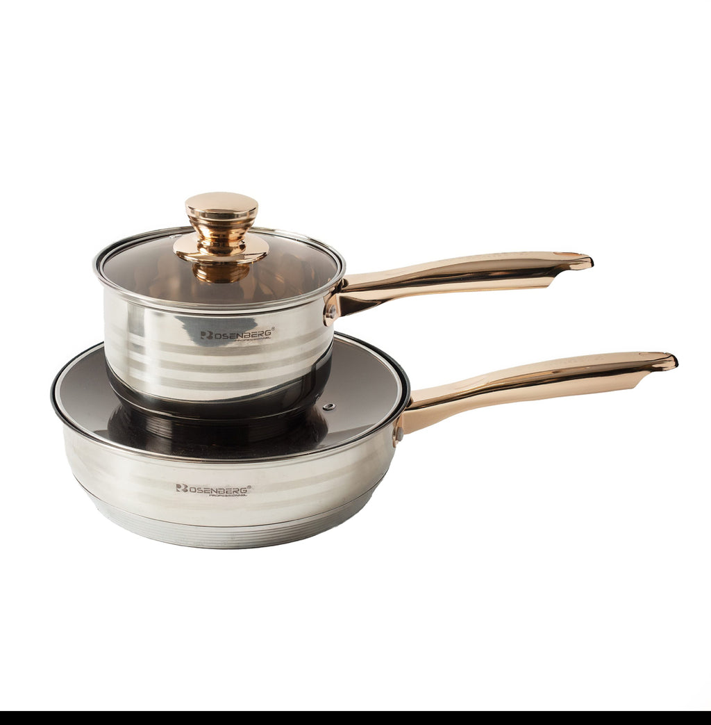 12pc Stainless Steel Silver Stockpot Set with Saucepan and Fry Pan in GOLD features