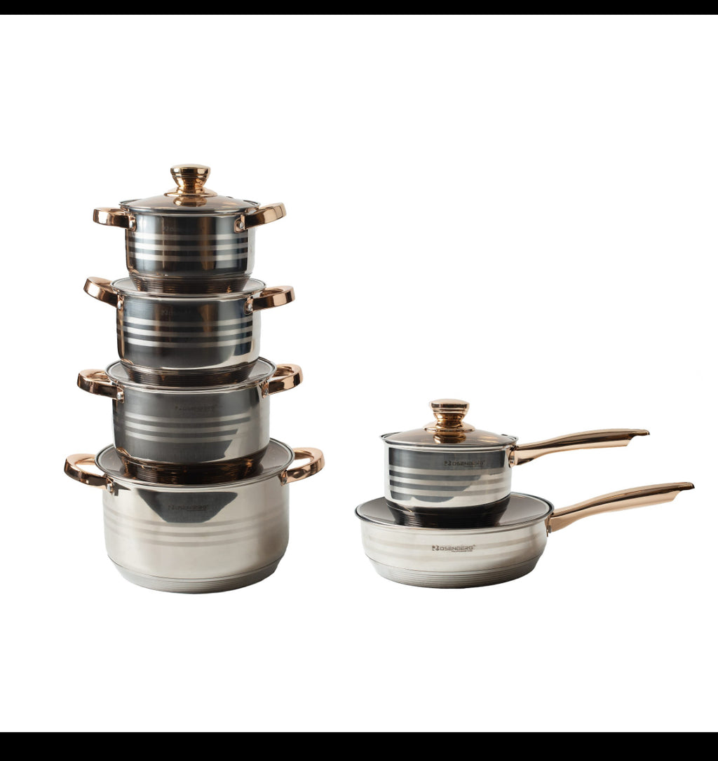 12pc Stainless Steel Silver Stockpot Set with Saucepan and Fry Pan in GOLD features