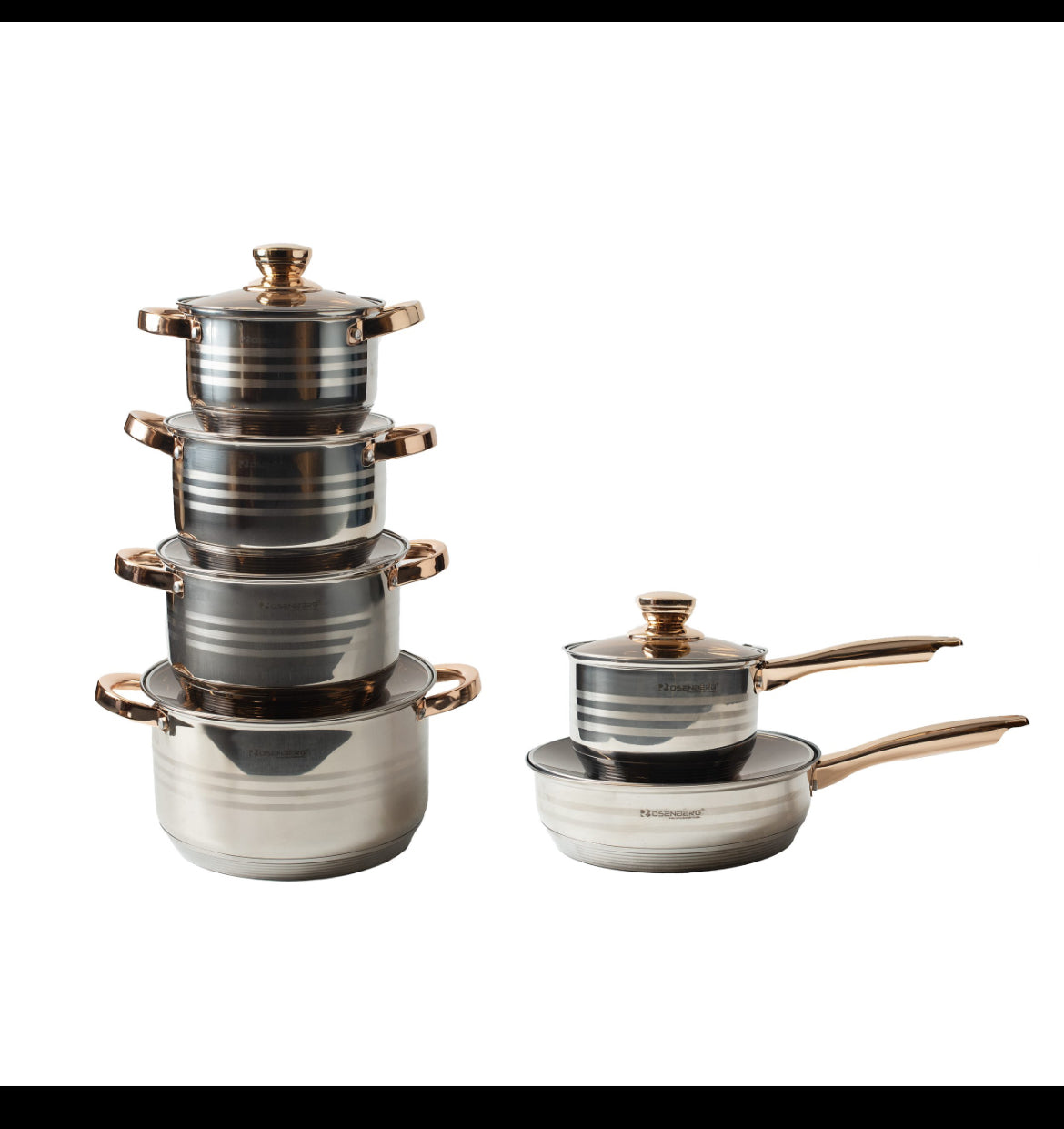 12pc Stainless Steel Silver Stockpot Set with Saucepan and Fry Pan in GOLD features