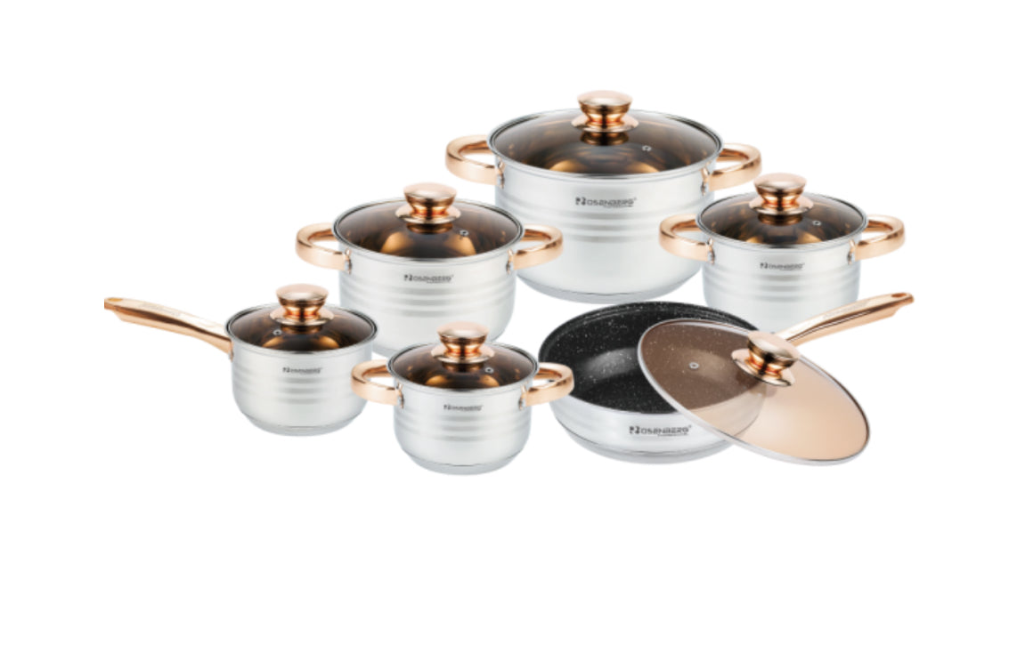 12pc Stainless Steel Silver Stockpot Set with Saucepan and Fry Pan in GOLD features